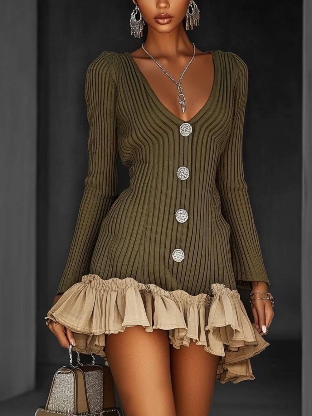 Army Green Elegant Women's Colorblock Ruffle Hem V Neck Mini Knit Dress